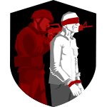 Logo for the IDF Human Shields archive: a soldier hiding behind a civilian